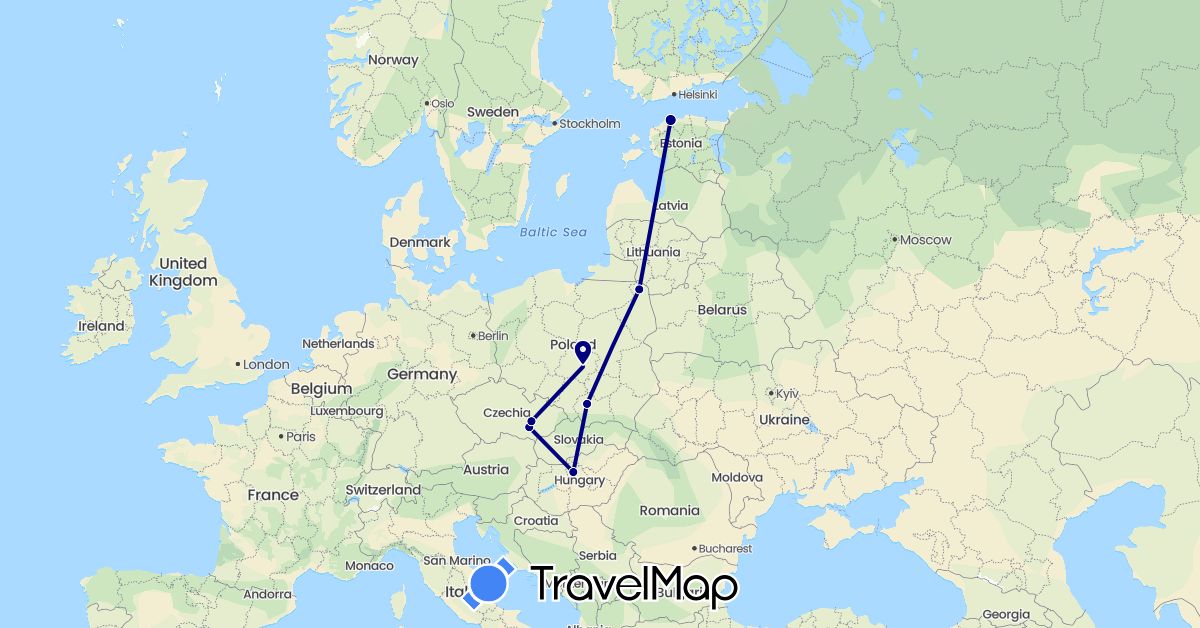 TravelMap itinerary: driving in Czech Republic, Estonia, Hungary, Poland (Europe)